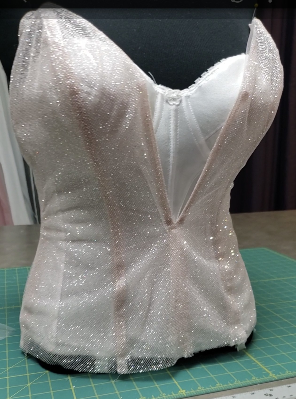 Custom corset construction interior structure at Margo West Bridal Couture Dallas TX