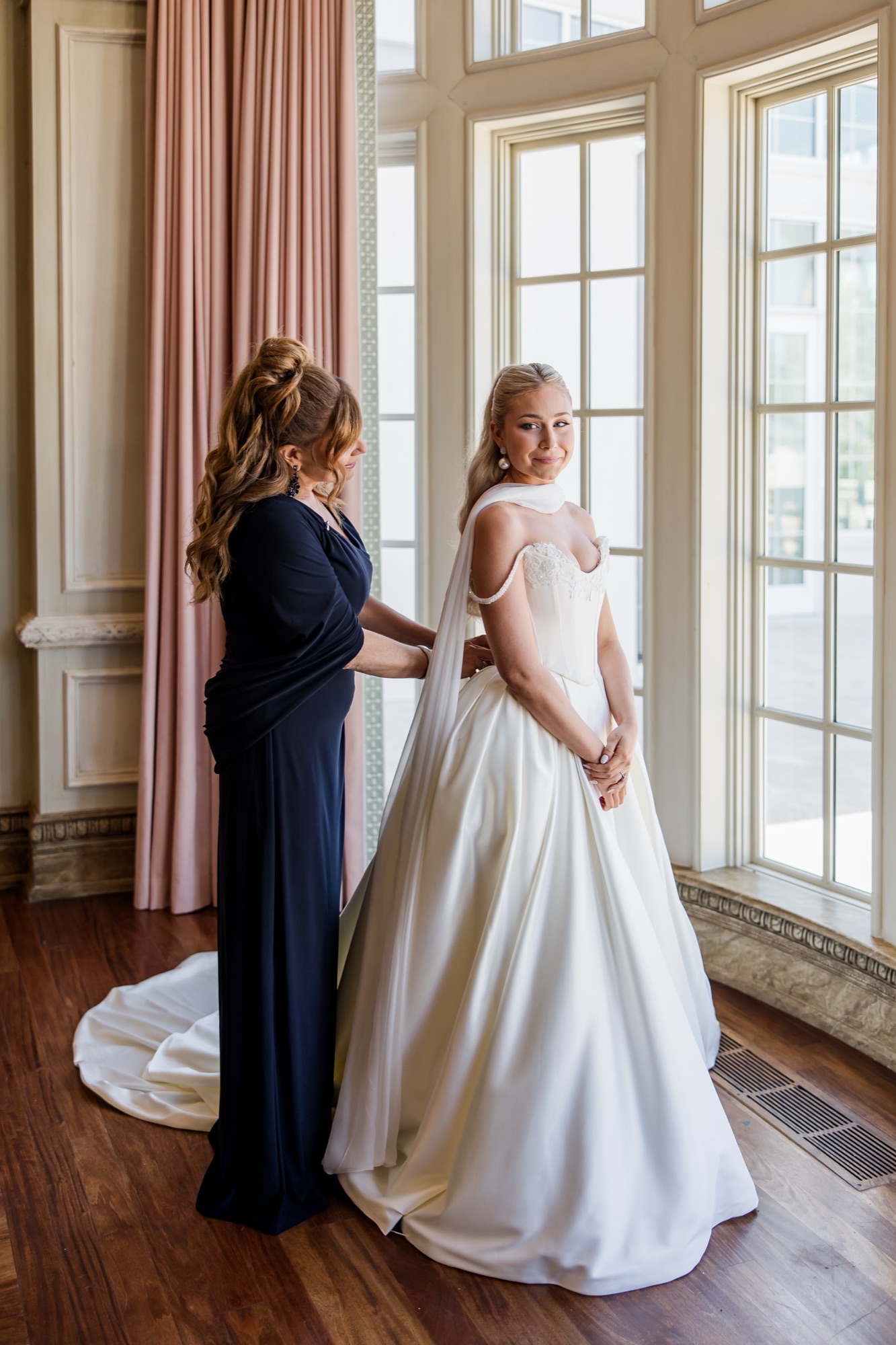 Lauren Dakota in bespoke 2-piece Bridgerton satin corset and ballgown by Margo West Bridal Couture, Dallas TX