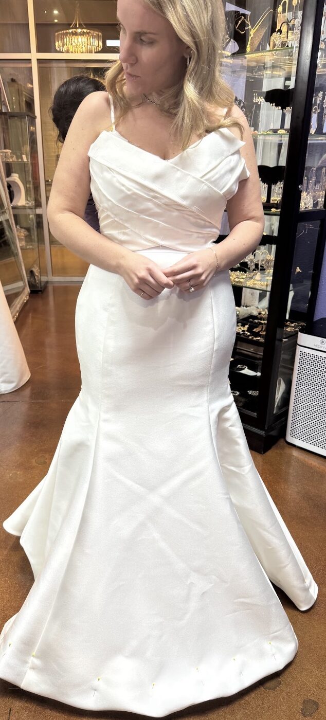 Mermaid wedding gown bodice fitting in progress at Margo West Bridal Couture, Dallas TX
