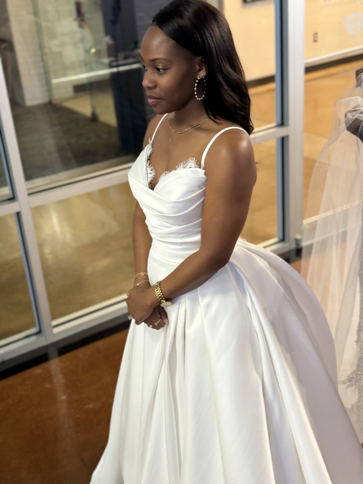 Bride in a custom satin ballgown with sweetheart neckline by Margo West Bridal Couture, Dallas TX
