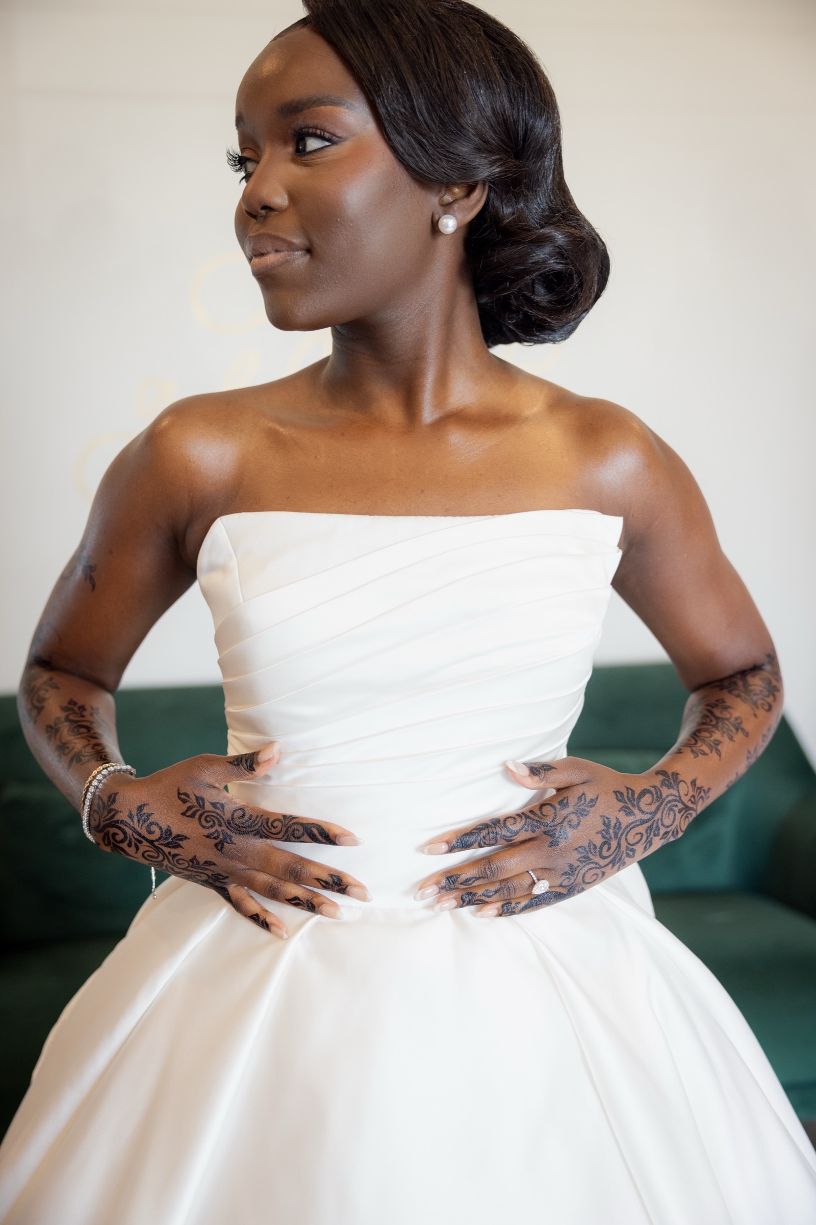 Award-winning custom wedding gown showing intricate beading and embroidery at Margo West Bridal Couture, Dallas TX